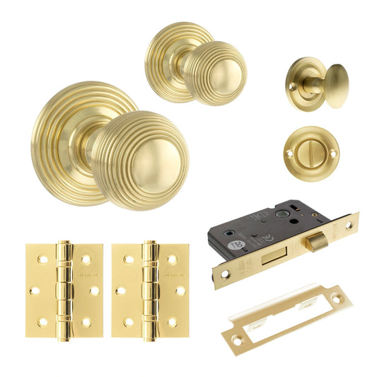 Ripon Round Reeded Mortice Bathroom Door Knob Set - Polished Brass