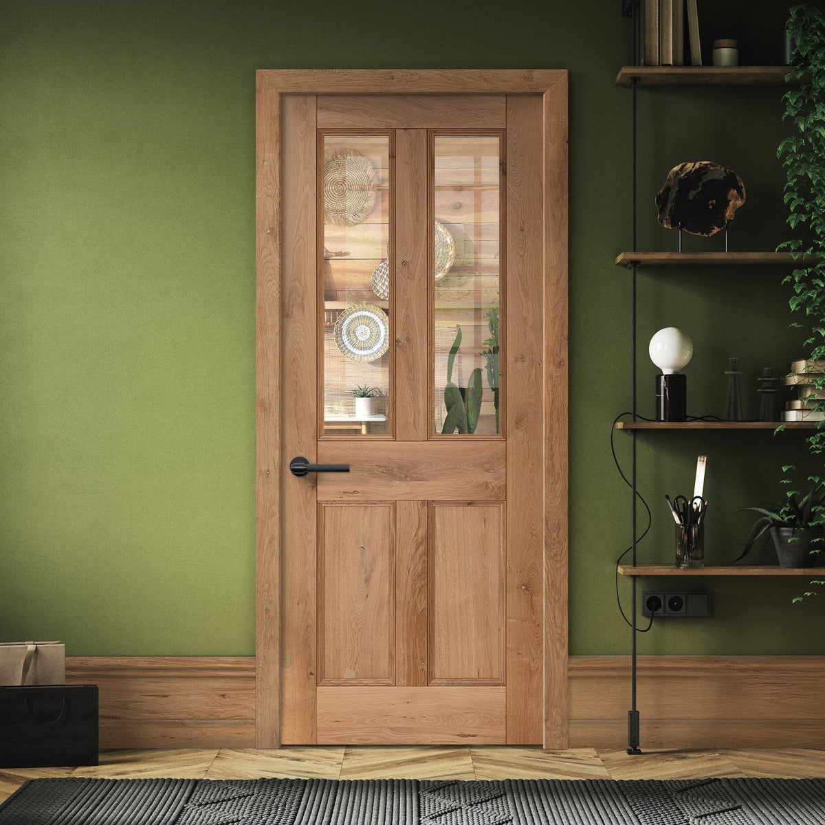 Internal Fully Finished Rustic Oak Victorian 2 Light Clear Glazed Door (118842)