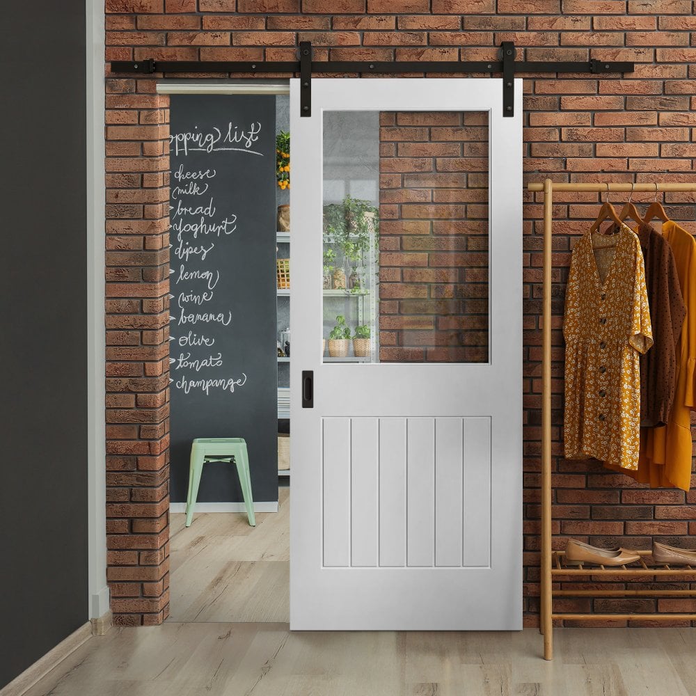 White Internal Primed Cottage 1 Panel 1 Light Clear Glass Sliding Door - Black Face Mounted (119985)