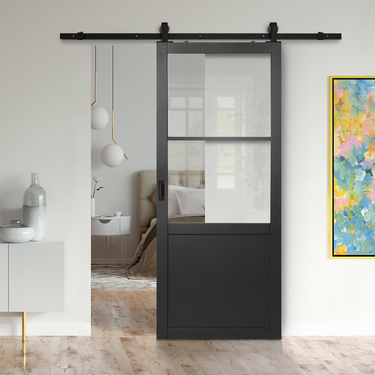 Jet Black Internal Fully Finished Industrial Studio 1 Panel 2 Light Clear Glass Door - Black Top Mounted (120870)