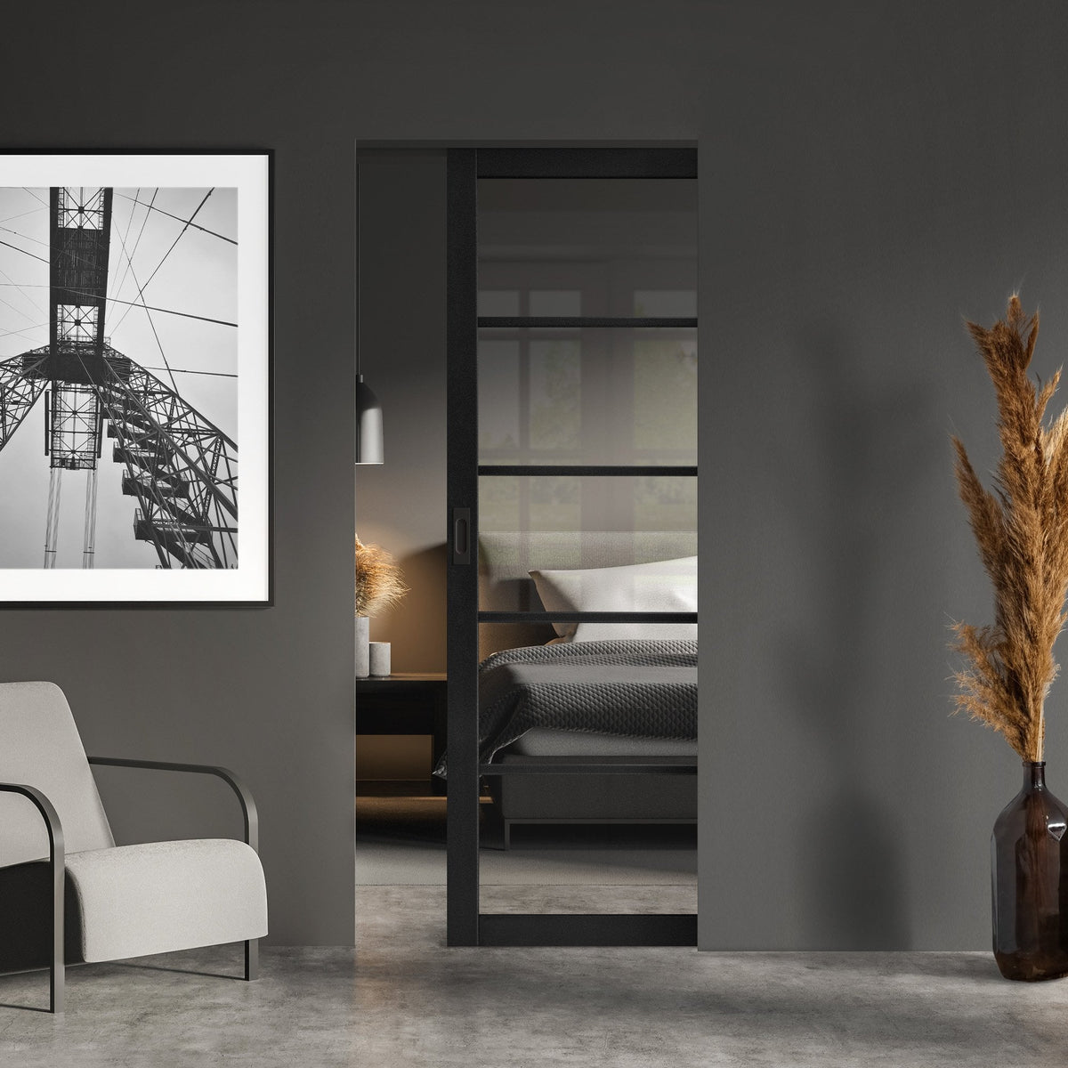 Jet Black Internal Fully Finished Industrial Studio 5 Light Clear Glass Classic Framed Pocket Door Set (121011)