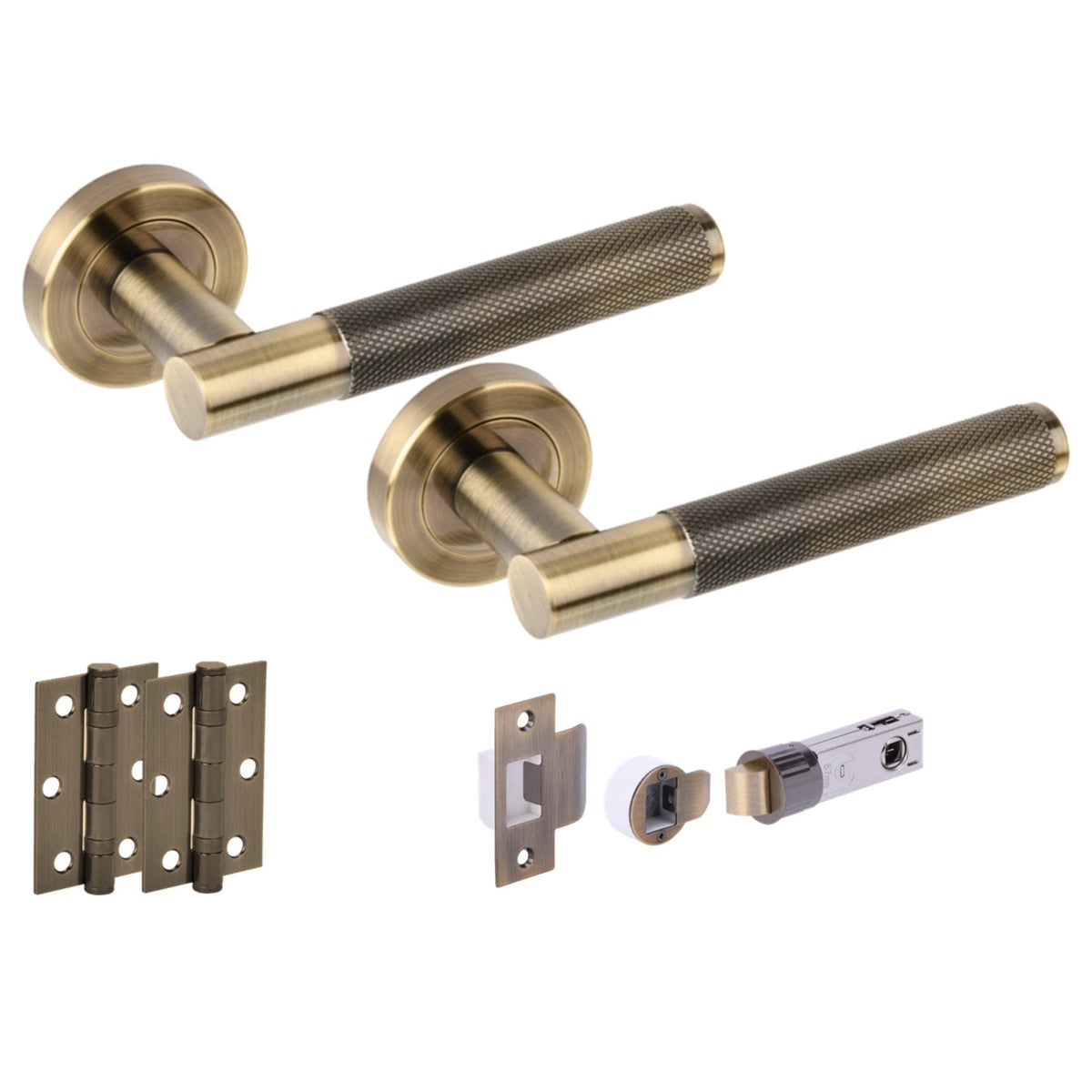 Knurled Round Rose Lever Door Handle Set - Antique Bronze