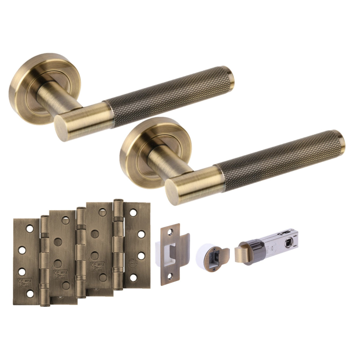 Knurled Round Rose Lever Fire Rated Door Handle Set - Antique Bronze