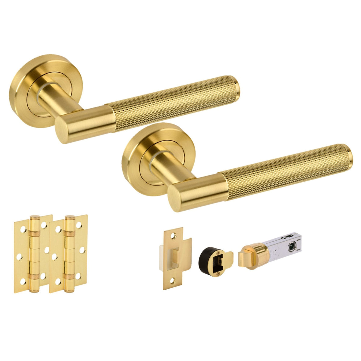 Knurled Round Rose Lever Door Handle Set - Satin Brass