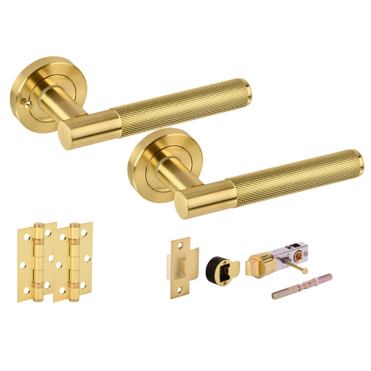 Knurled Round Rose Lever Door Bathroom Handle Set - Satin Brass