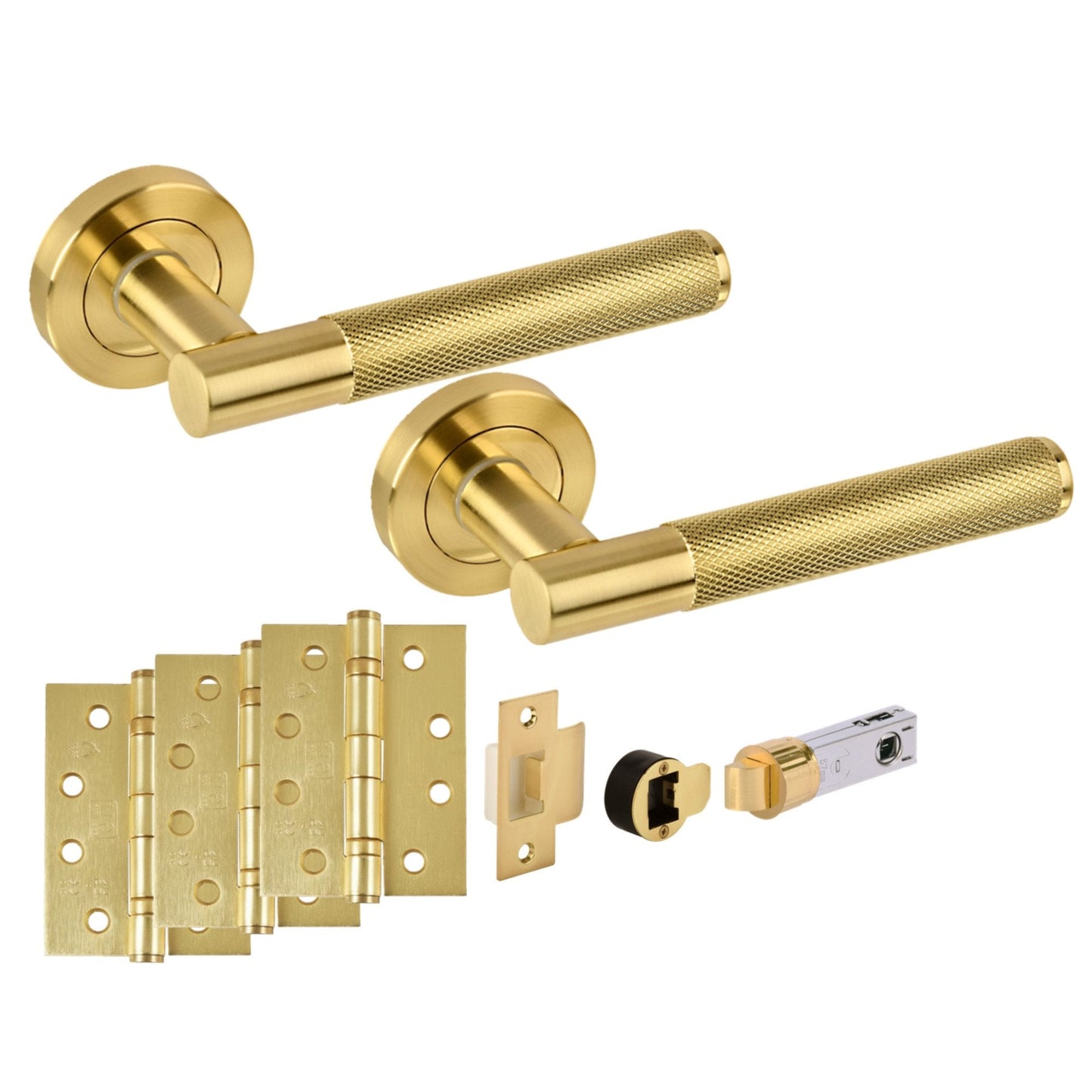 Knurled Round Rose Lever Fire Rated Door Handle Set - Satin Brass