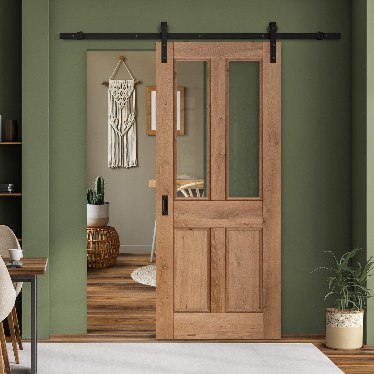 Rustic Oak Internal Fully Finished Malton 4 Panel Clear Glazed Sliding Door - Black Face Mounted (119912)