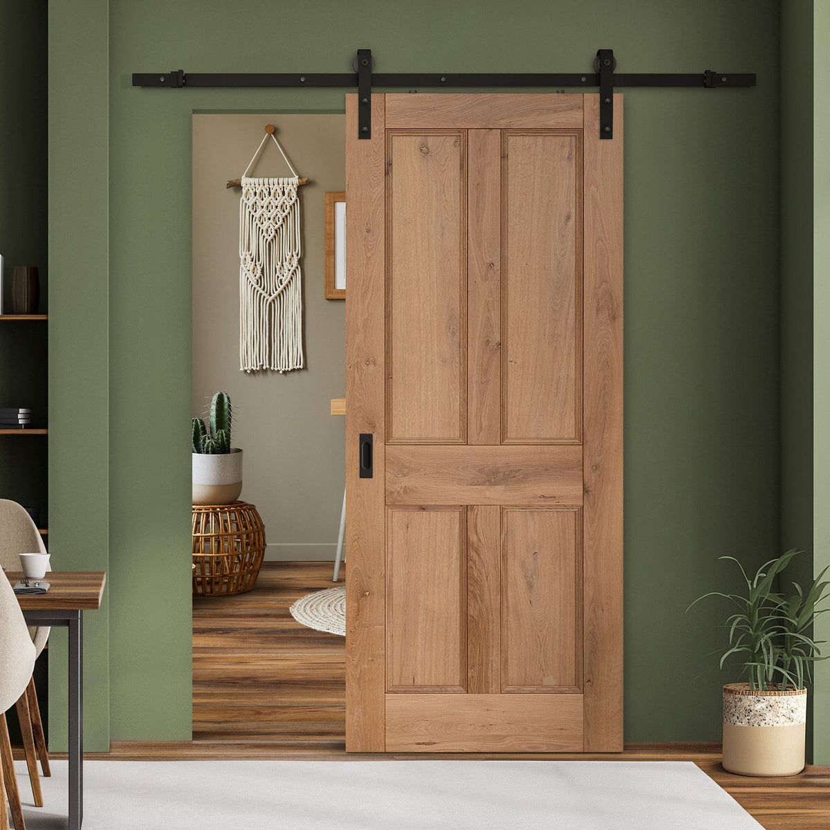 Rustic Oak Internal Fully Finished Victorian 4 Panel Sliding Door - Black Face Mounted (119913)