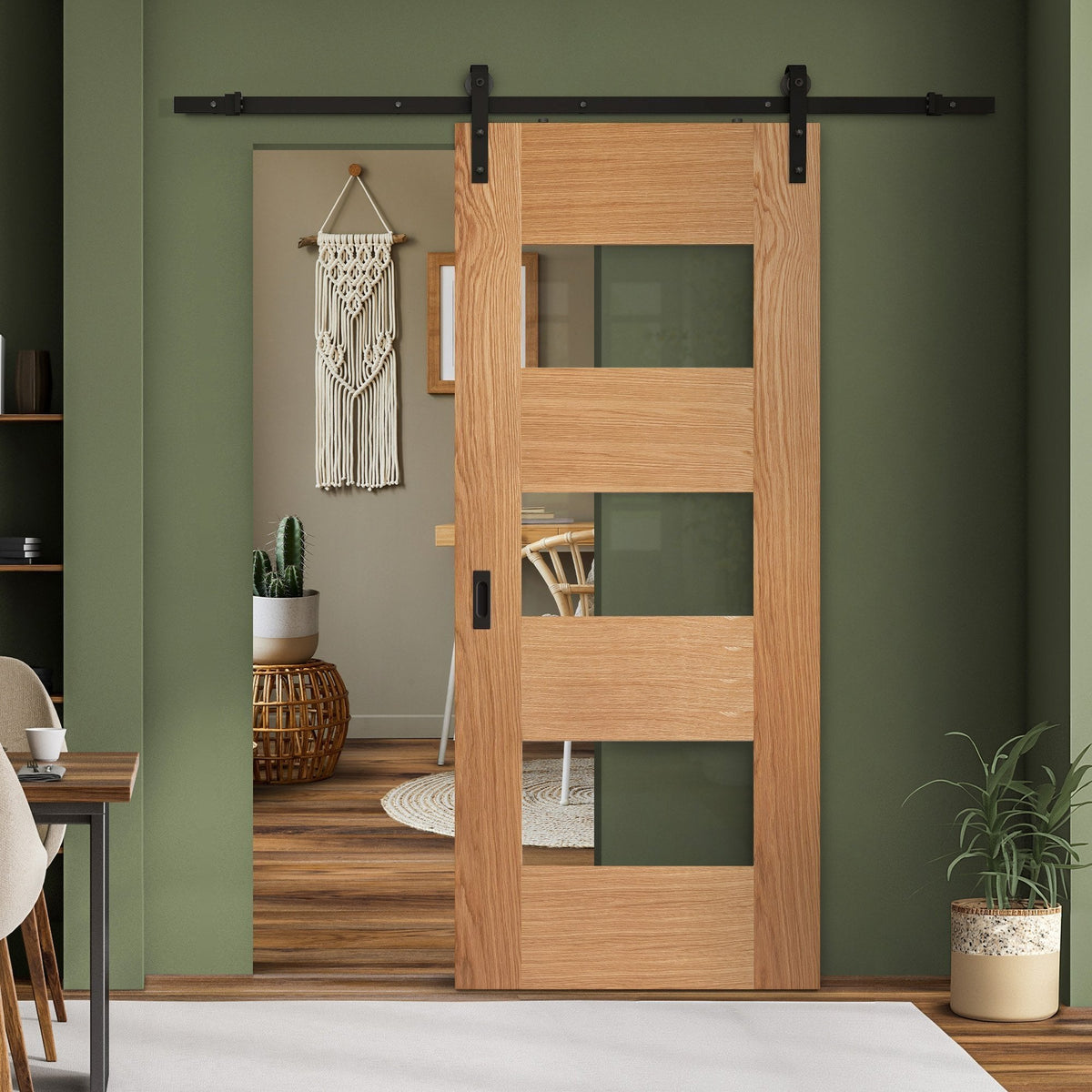 Oak Internal Fully Finished Edison 7 Panel 3 Light Clear Glass Sliding Door - Black Face Mounted (119919)