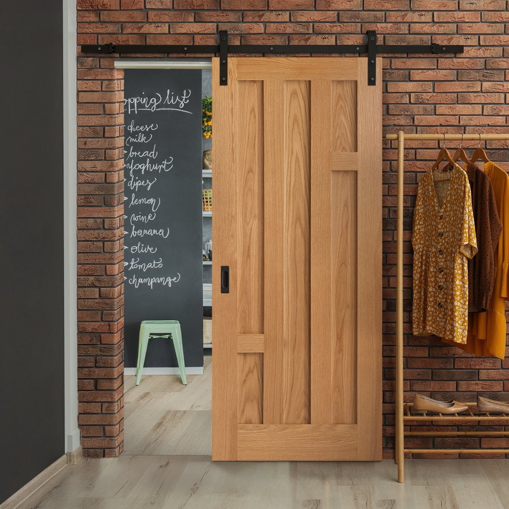 Oak Internal Fully Finished Stamford 5 Panel Sliding Door - Black Face Mounted (119939)