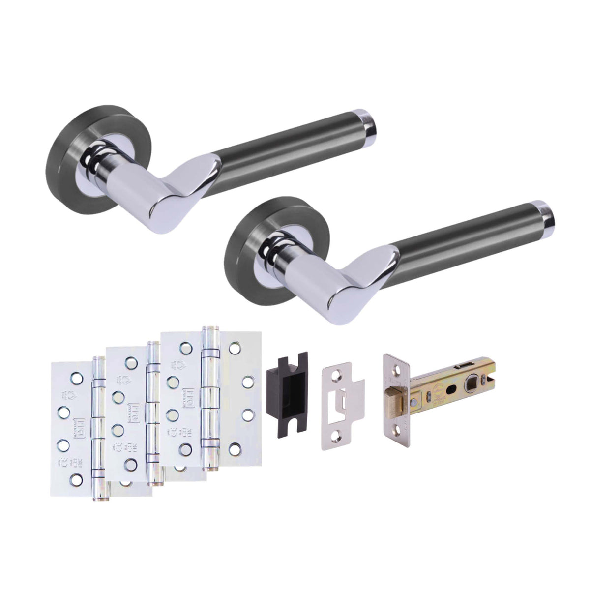 Premium Enterprise Lever On Round Rose Fire Rated Handle Set - Black Nickel and Polished Chrome