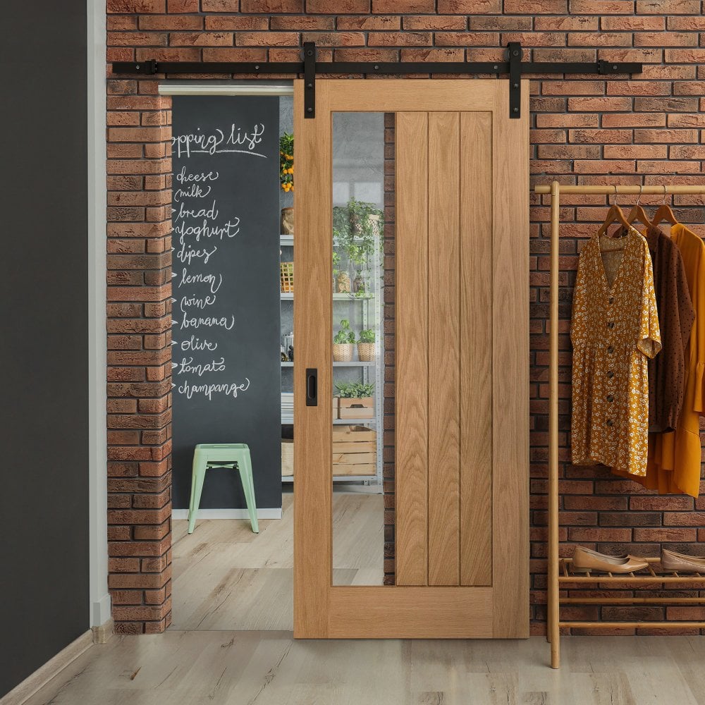 Oak Internal Unfinished Farley 1 Light Clear Offset Glass Sliding Door - Black Face Mounted (119943)