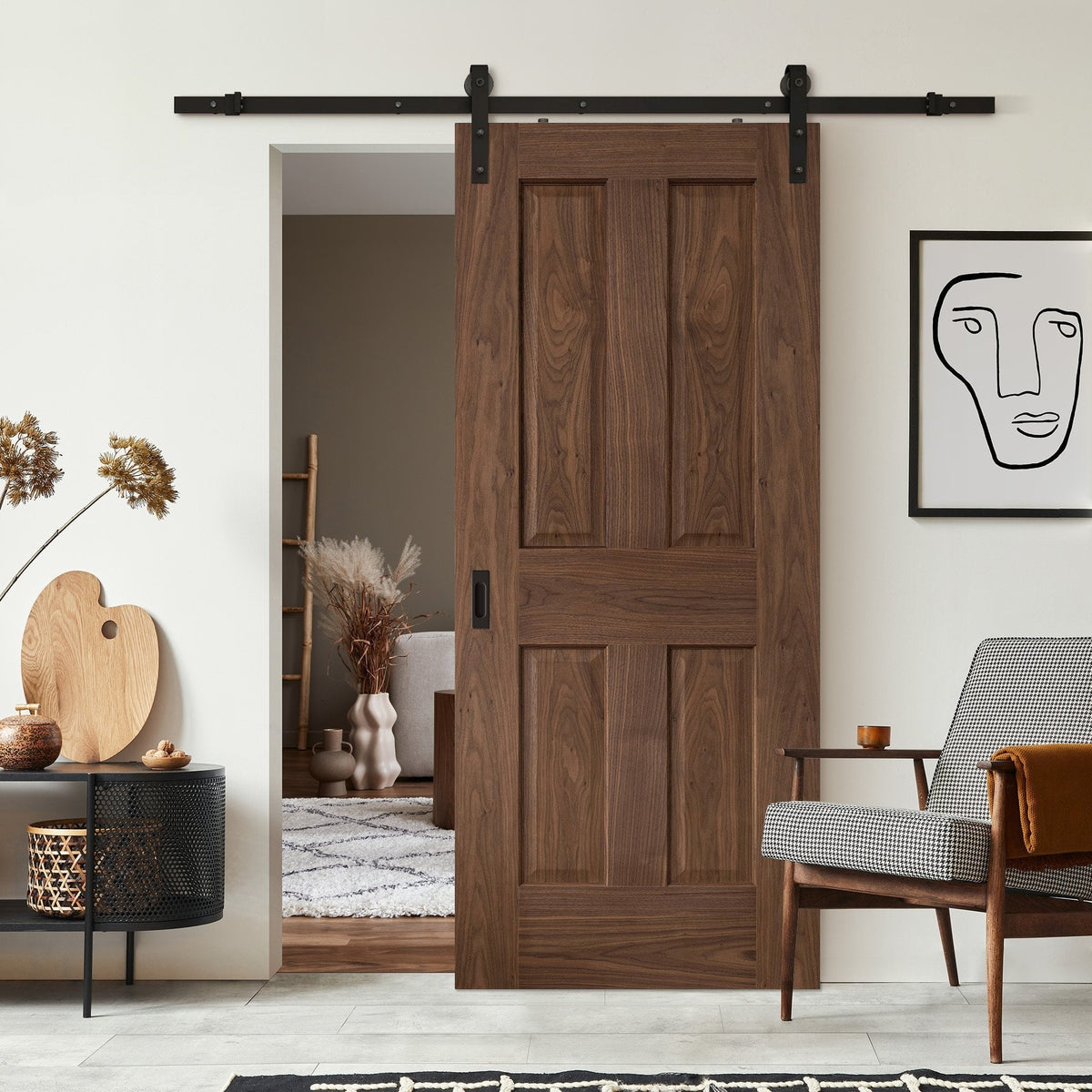 Walnut Internal Fully Finished Victorian 4 Panel Sliding Door - Black Face Mounted (119968)