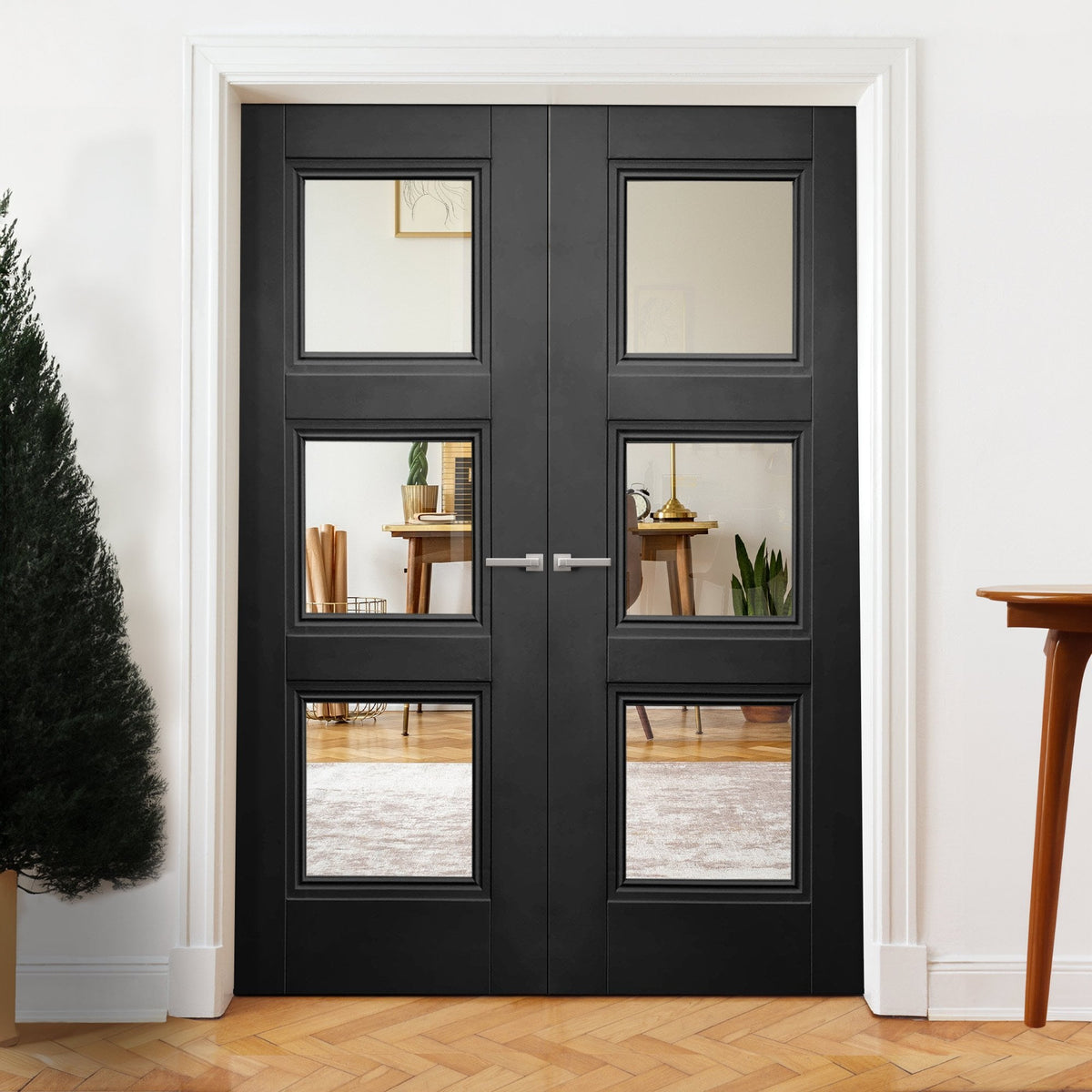Internal Black Primed Ripley 3 Light Clear Glass Pair Door (121333)