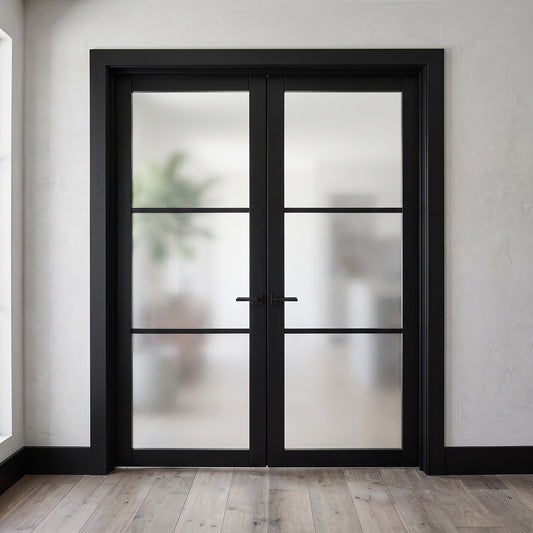 Jet Black Fully Finished Industrial Studio 3 Light Frosted Glass Internal French Door