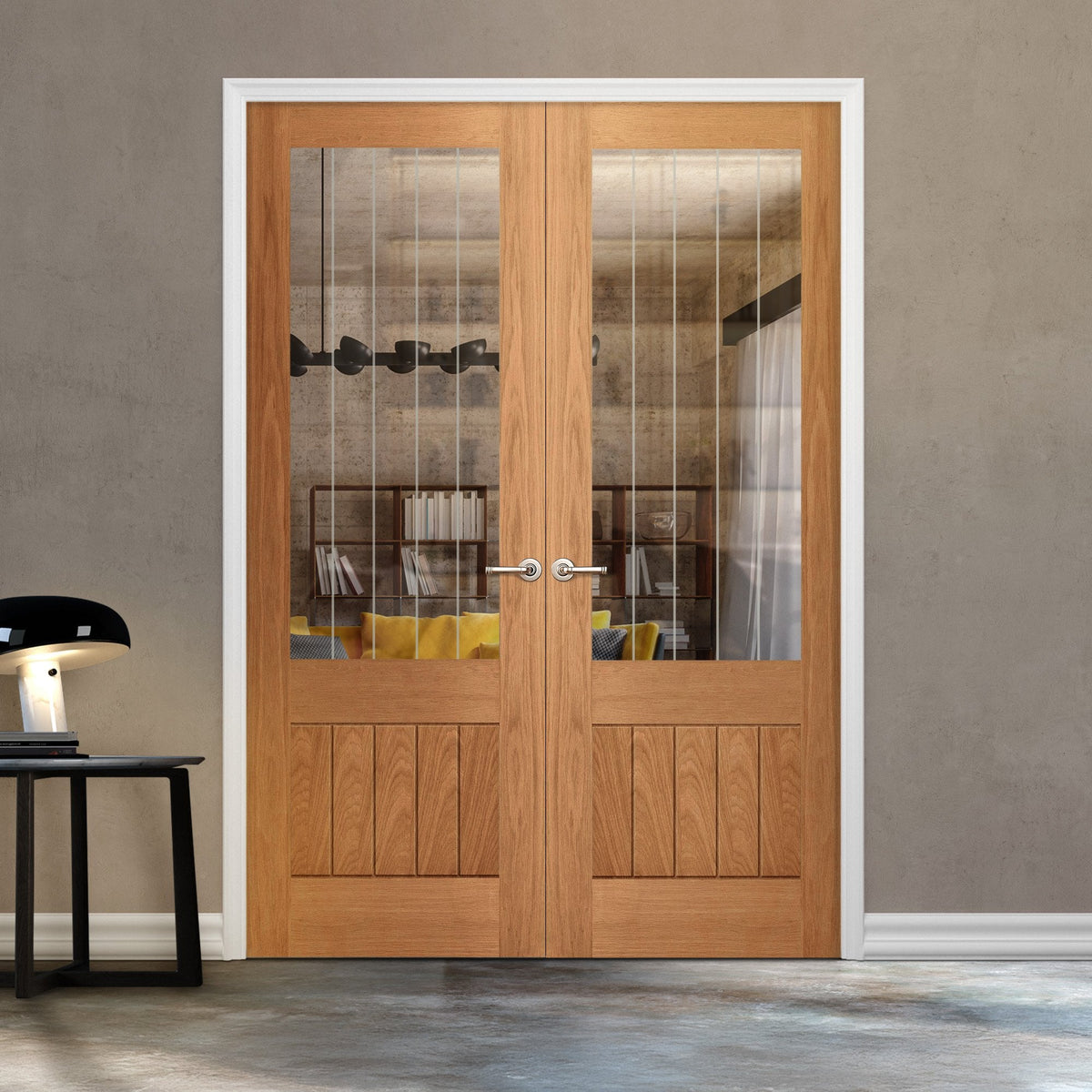 Internal Oak Fully Finished Farley 1 Panel 1 Light Obscure Lined Glazed Pair Door (121366)