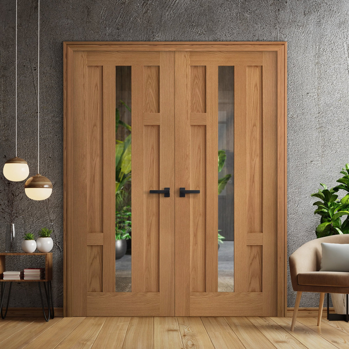 Internal Oak Fully Finished Stamford 4 Panel 1 Light Glazed Pair Door (121370)