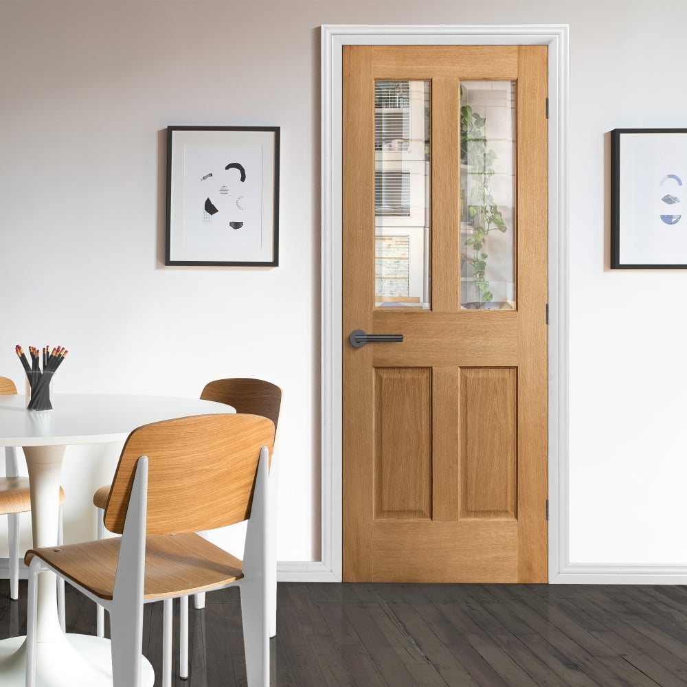 Oak Internal Unfinished Traditional Victorian 2 Panel 2 Light Bevelled Clear Glass Door