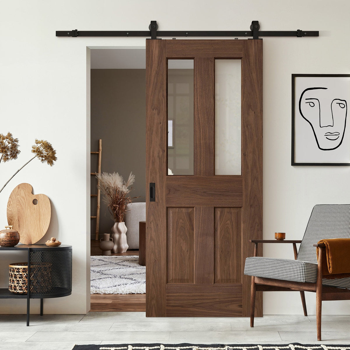 Walnut Internal Fully Finished Victorian 1 Light Sliding Door - Black Top Mounted (120687)