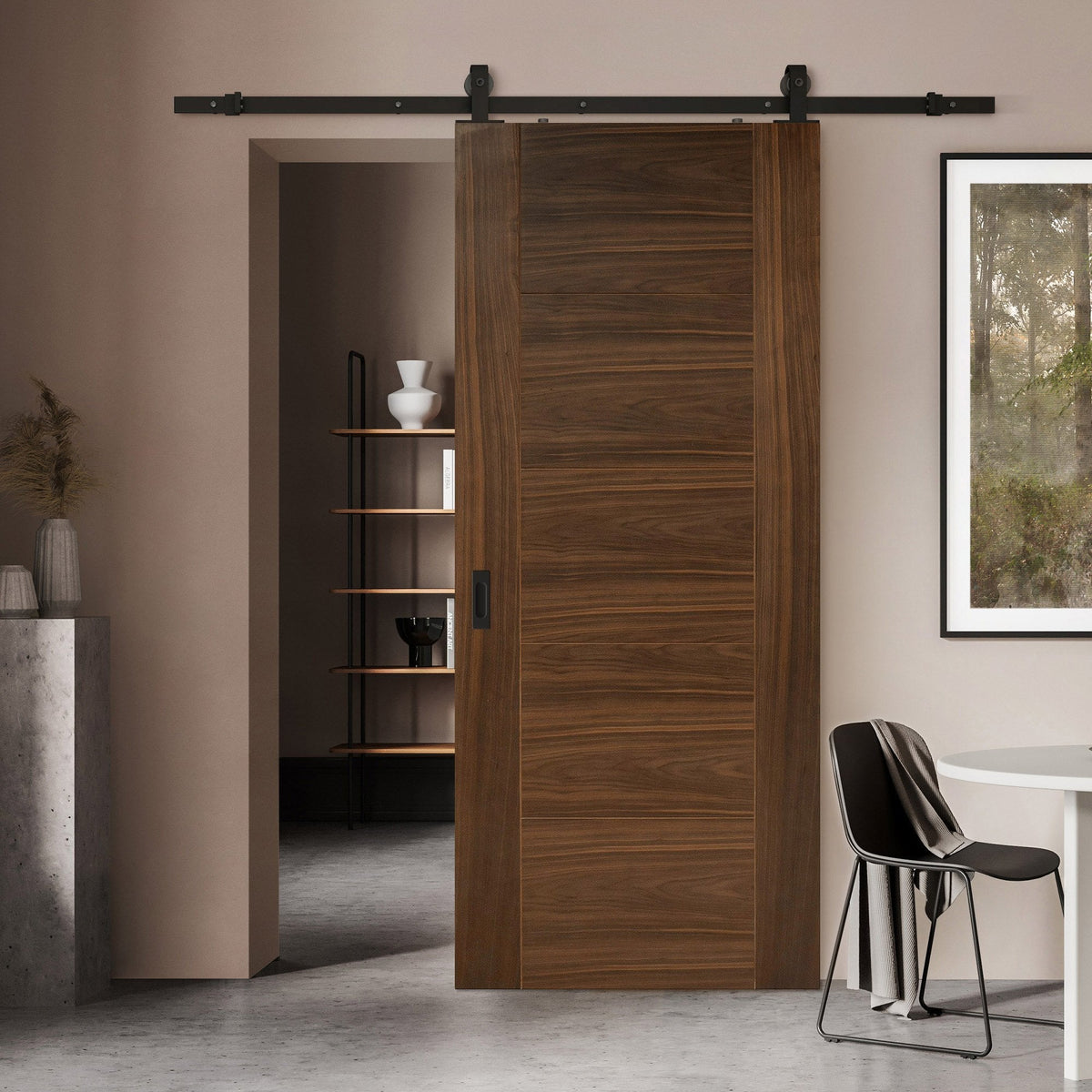 Walnut Internal Fully Finished Milano Sliding Door - Black Top Mounted (120686)