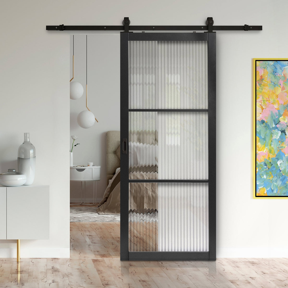 Graphite Black Internal Primed Industrial Studio 3 Light Reeded Glass Sliding Door - Black Top Mounted (120734)