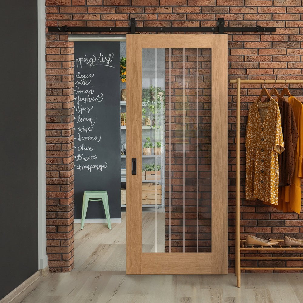 Oak Internal Unfinished Farley 1 Light Obscure Lined Clear Glass Sliding Door - Black Top Mounted (120741)