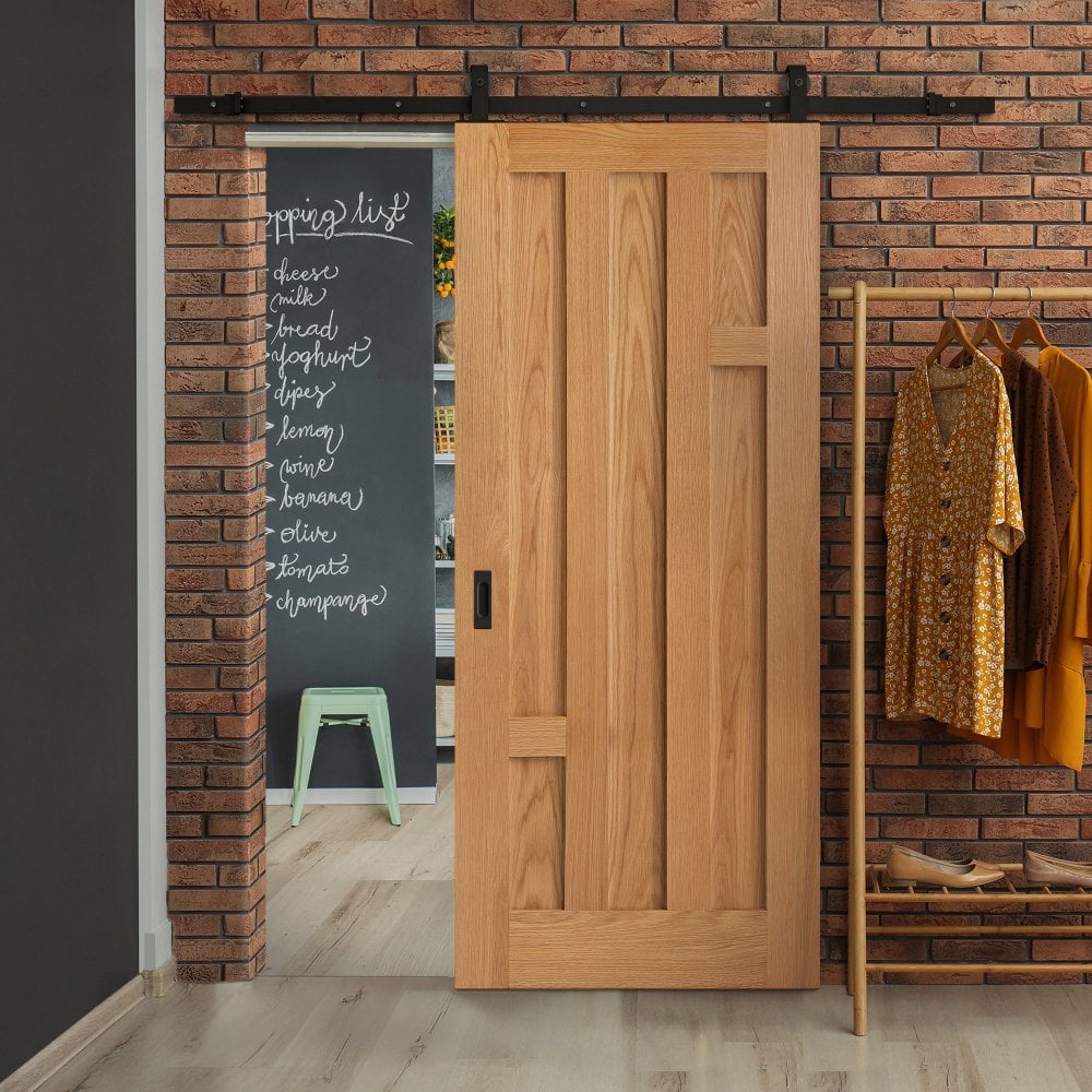Oak Internal Fully Finished Stamford 5 Panel Sliding Door - Black Top Mounted (120747)
