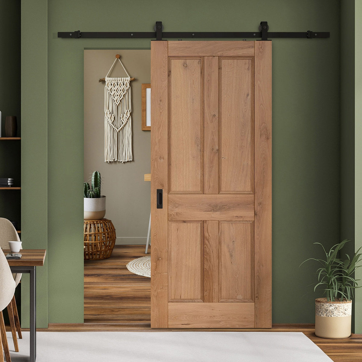 Rustic Oak Fully Finished Internal Victorian 4 Panel Sliding Door - Black Top Mounted (120796)