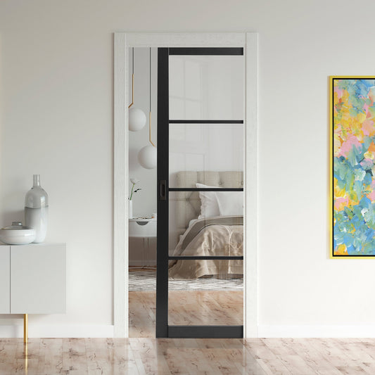 Jet Black Internal Fully Finished Industrial Studio 4 Light Clear Glass Classic Framed Pocket Door Set (120827)