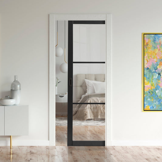 Jet Black Internal Fully Finished Industrial Studio 3 Light Clear Glass Classic Framed Pocket Door Set (120834)