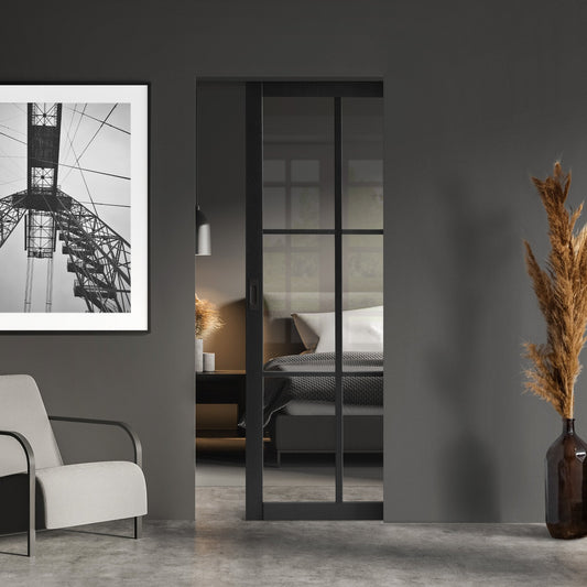 Jet Black Internal Fully Finished Industrial Studio 6 Light Clear Glass Classic Framed Pocket Door Set (120844)