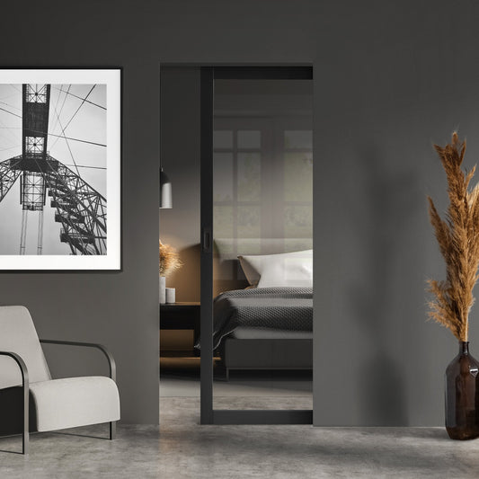 Jet Black Internal Fully Finished Industrial Studio 1 Light Clear Glass Classic Framed Pocket Door Set (120846)
