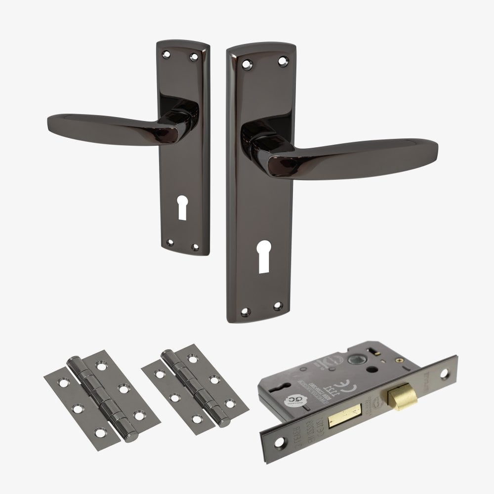 Deco Lever and Lock on Backplate Bathroom Door Handle Set - Black Nickel