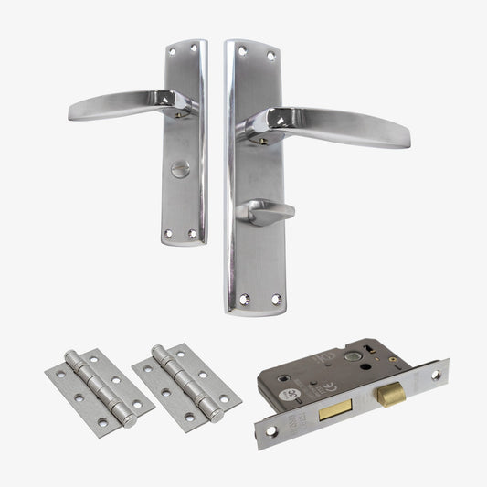 Deco Lever on Backplate Bathroom Door Handle Set - Polished Chrome / Satin Chrome