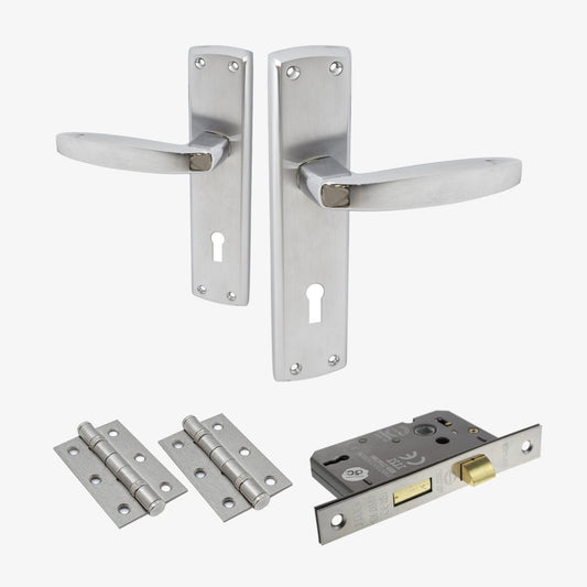 Deco Lever and Lock on Backplate Bathroom Door Handle Set - Polished Chrome / Satin Chrome