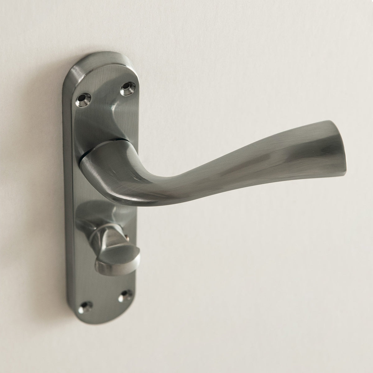 Scimitar Lever on Backplate Bathroom Door Handle Set - Satin Chrome