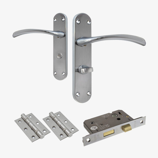 Scimitar Lever on Backplate Bathroom Door Handle Set - Satin Chrome
