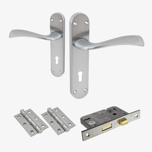 Scimitar Lever and Lock on Backplate Bathroom Door Handle Set - Satin Chrome