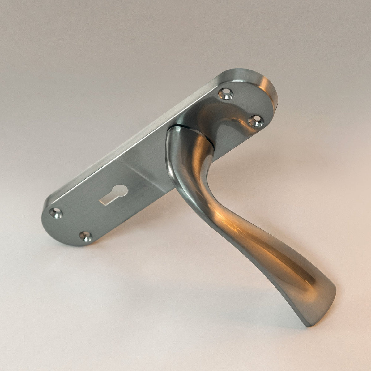 Scimitar Lever and Lock on Backplate Bathroom Door Handle Set - Satin Chrome