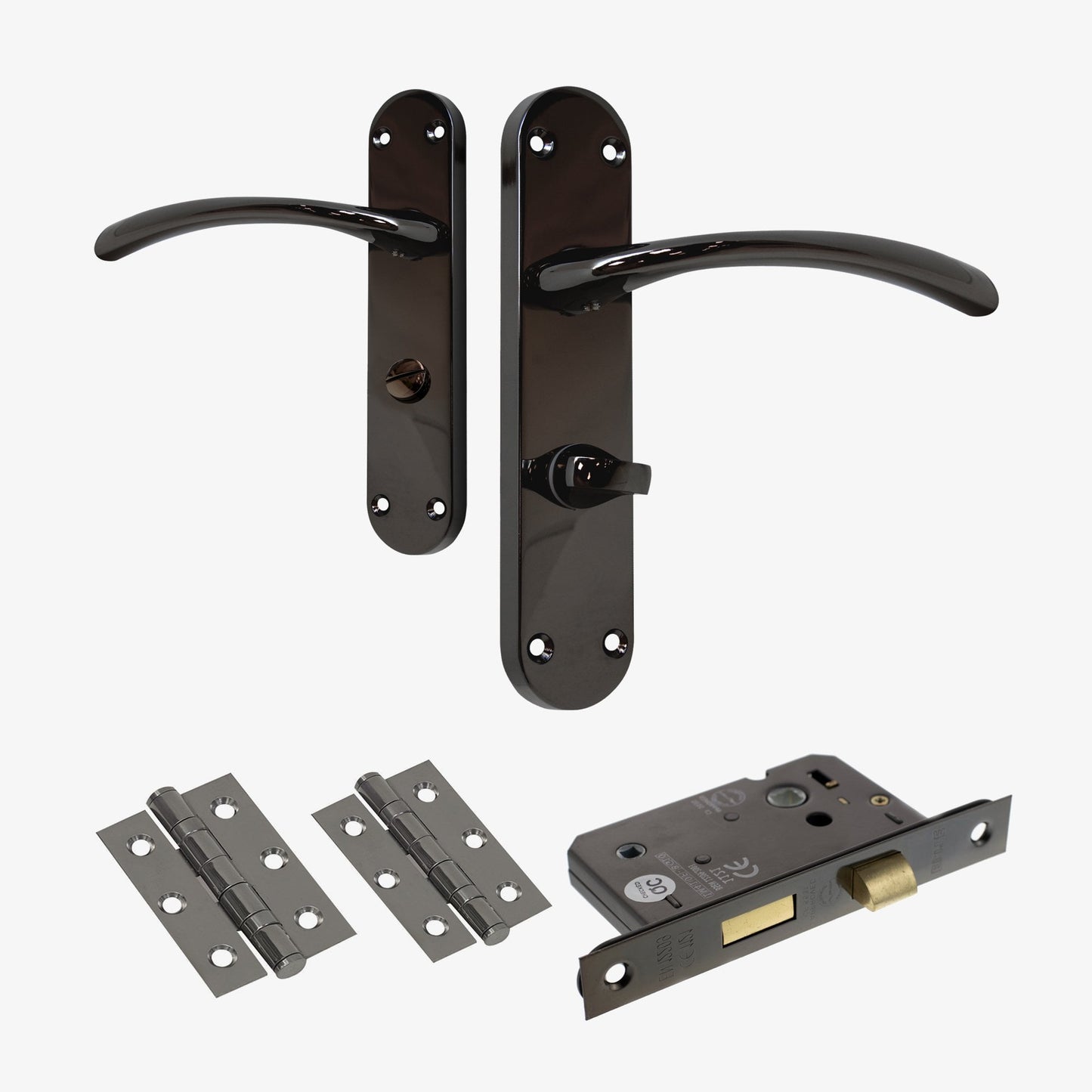 Scimitar Lever on Backplate Bathroom Door Handle Set - Black Nickel