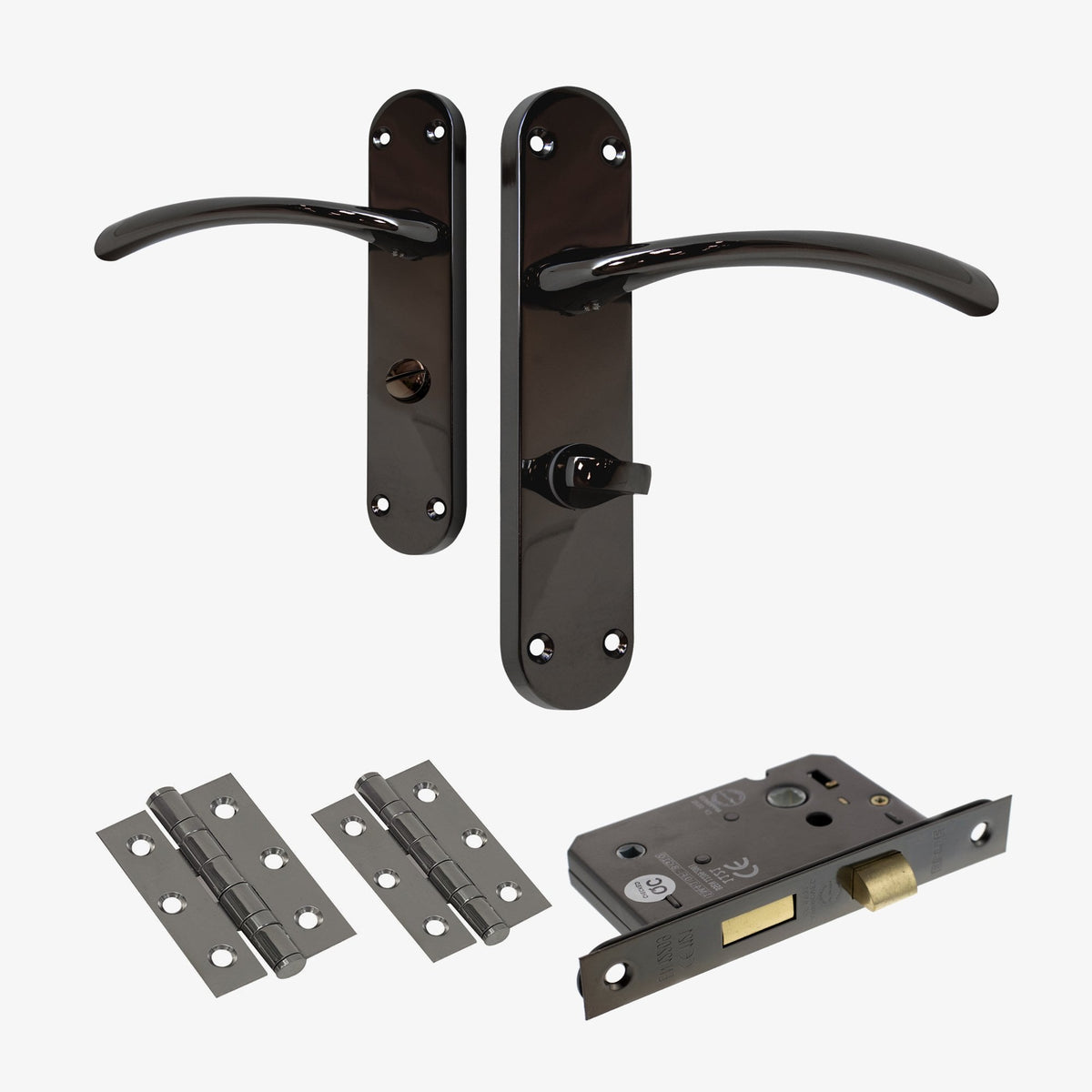 Scimitar Lever on Backplate Bathroom Door Handle Set - Black Nickel