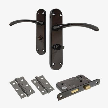 Scimitar Lever on Backplate Bathroom Door Handle Set - Black Nickel