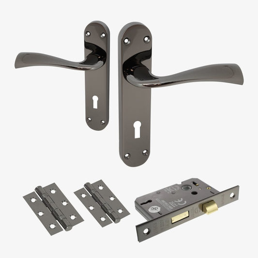 Scimitar Lever and Lock on Backplate Bathroom Door Handle Set - Black Nickel