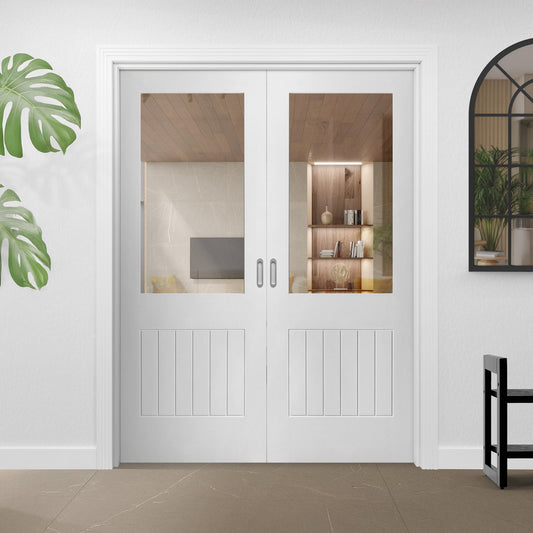 Internal White Primed Cottage 1 Panel 1 Light Clear Glass Pair Door (121409)
