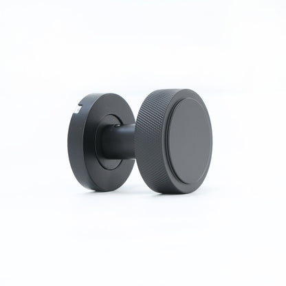 Knurled Round Rose Door Knob Set - Matt Black