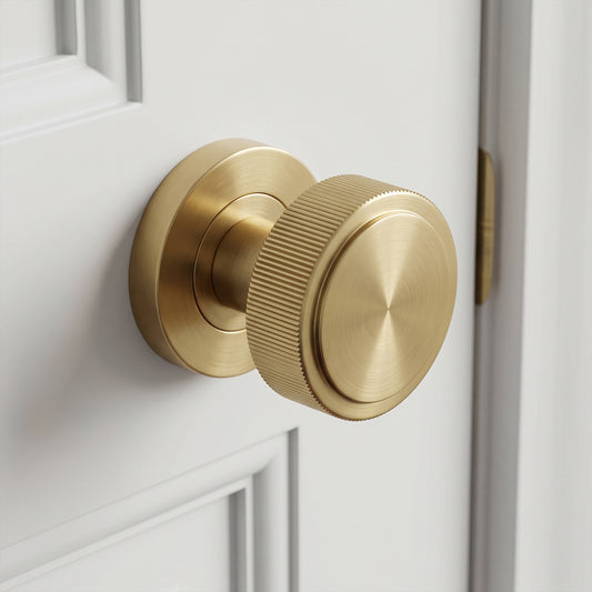 Fluted Round Rose Door Knob Set - Satin Gold