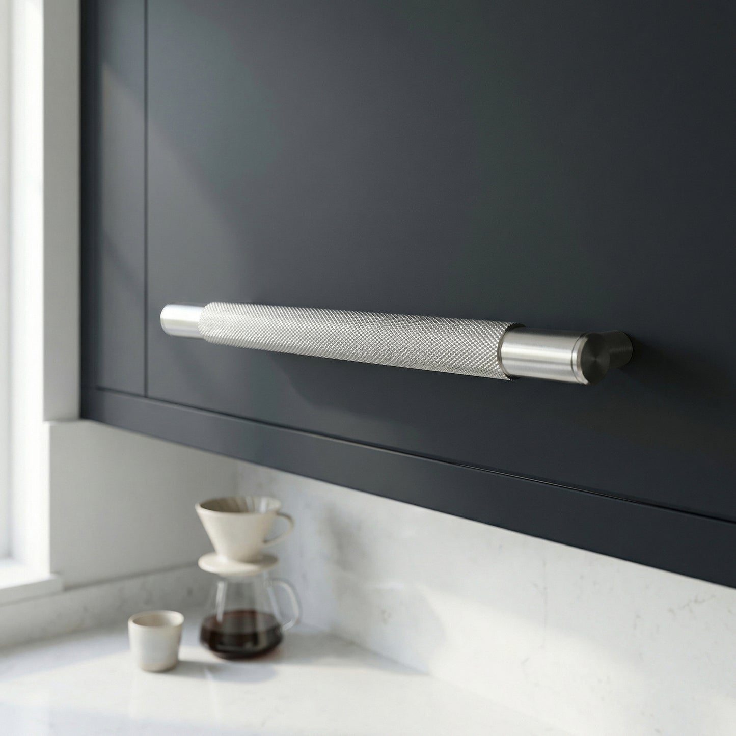Knurled Medium Round T-Bar Pull Handle - Satin Stainless Steel