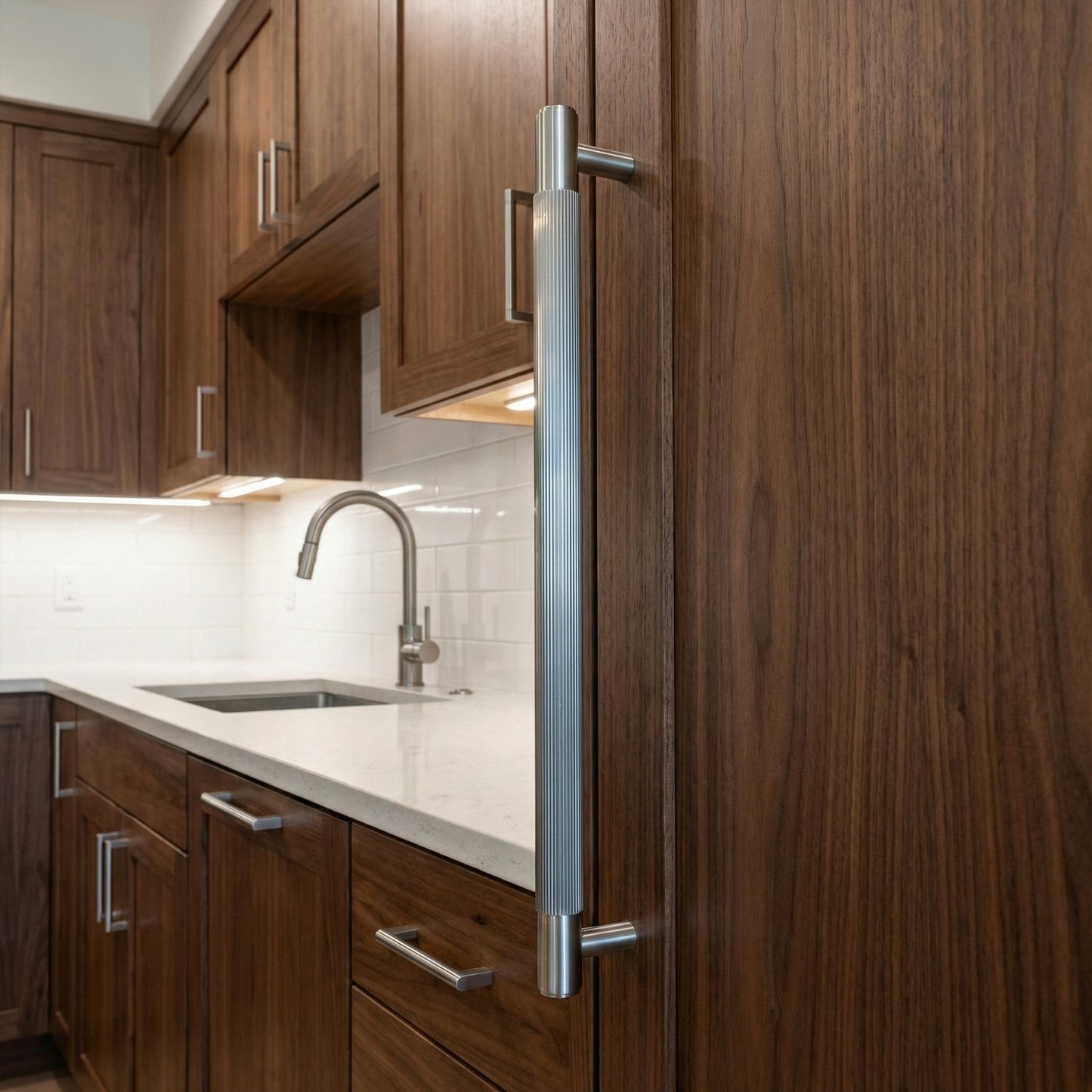 Fluted Large Round T-Bar Pull Handle - Satin Stainless Steel