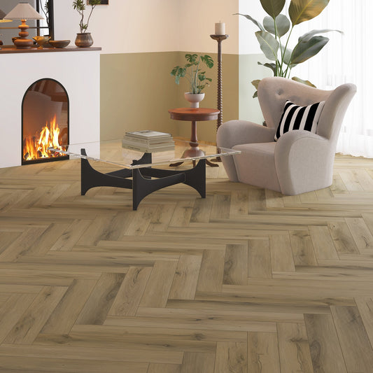 Langford Oak - Foundation Herringbone LVT 5mm Anti-Microbial UV Coated Rigid Core Vinyl Flooring (123003)