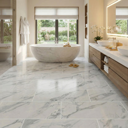 White Gloss Marble - Luxe Vision Pre-Grouted 5.5mm Stone Embossed UV Coated Rigid Core LVT Flooring